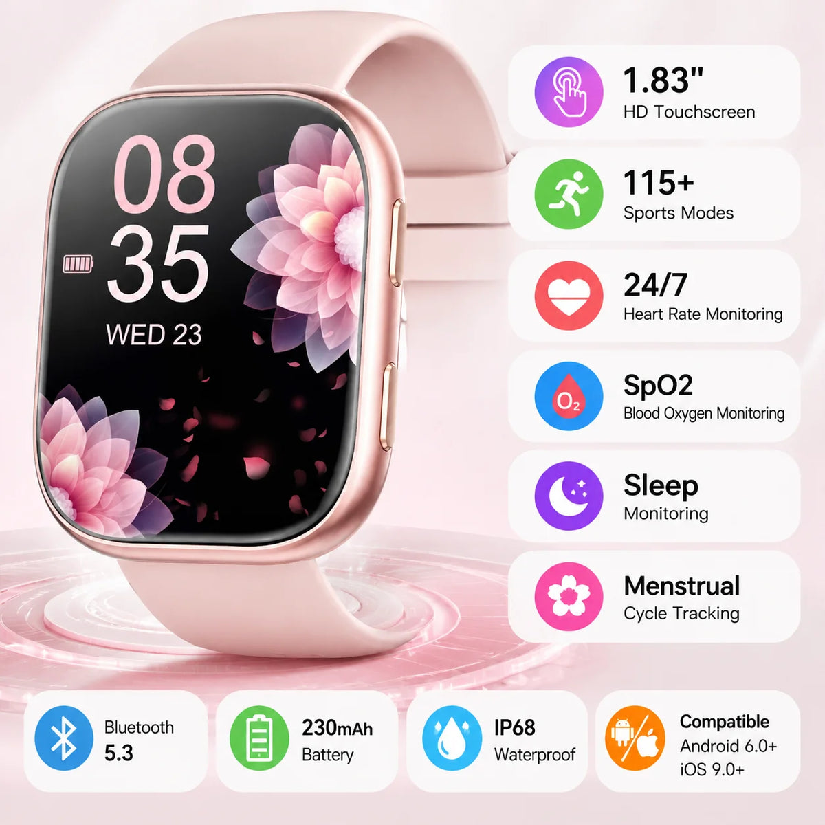 Women Smart Watch Fitness Tracker Heart Rate Monitor IP67 Waterproof