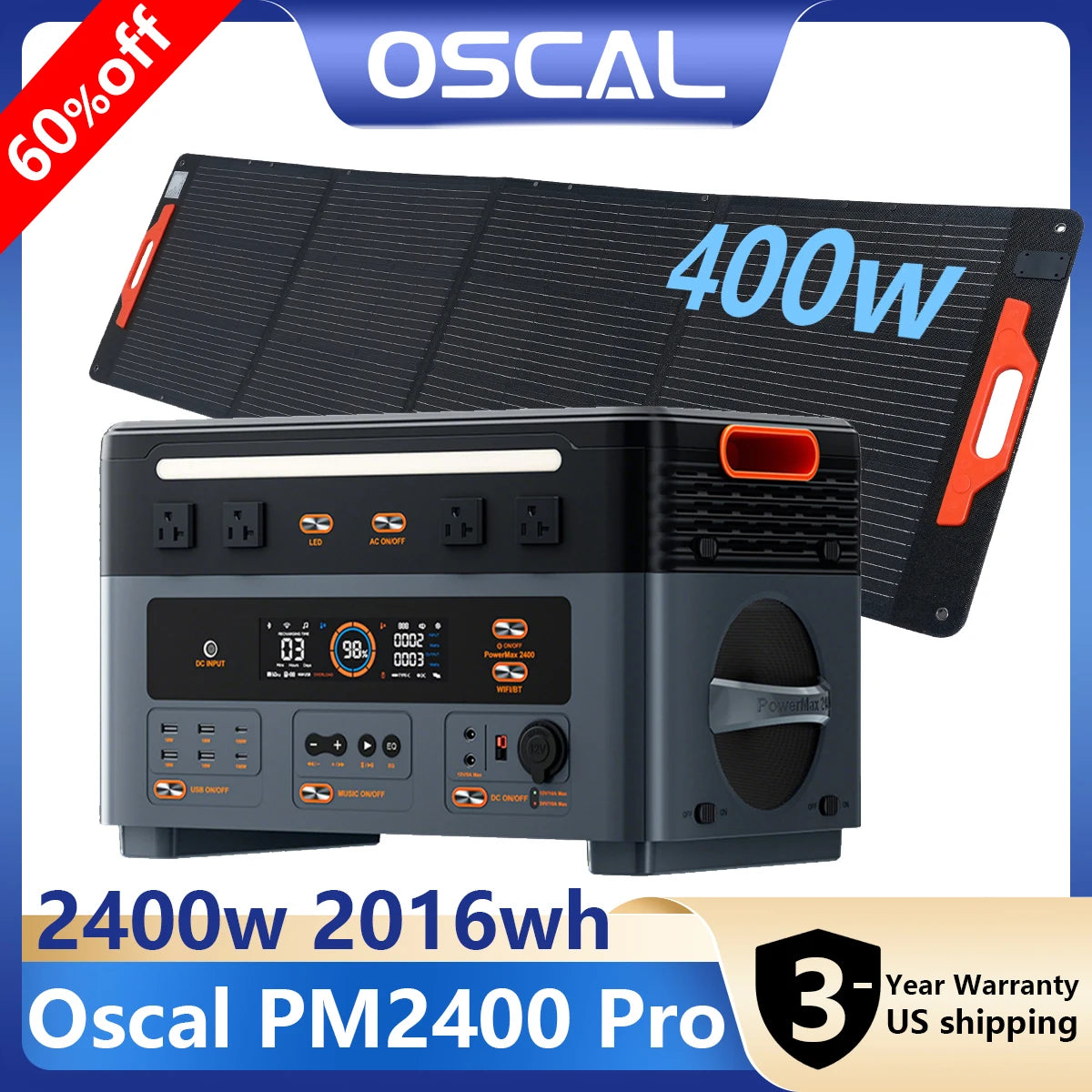 Oscal 2048Wh LiFePO4 Portable Power Station 2400W Solar Generator