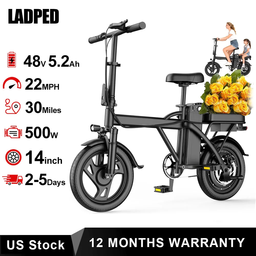`AOVOPRO 500W Folding E-Bike With 48V Battery Dual Seat Mini `