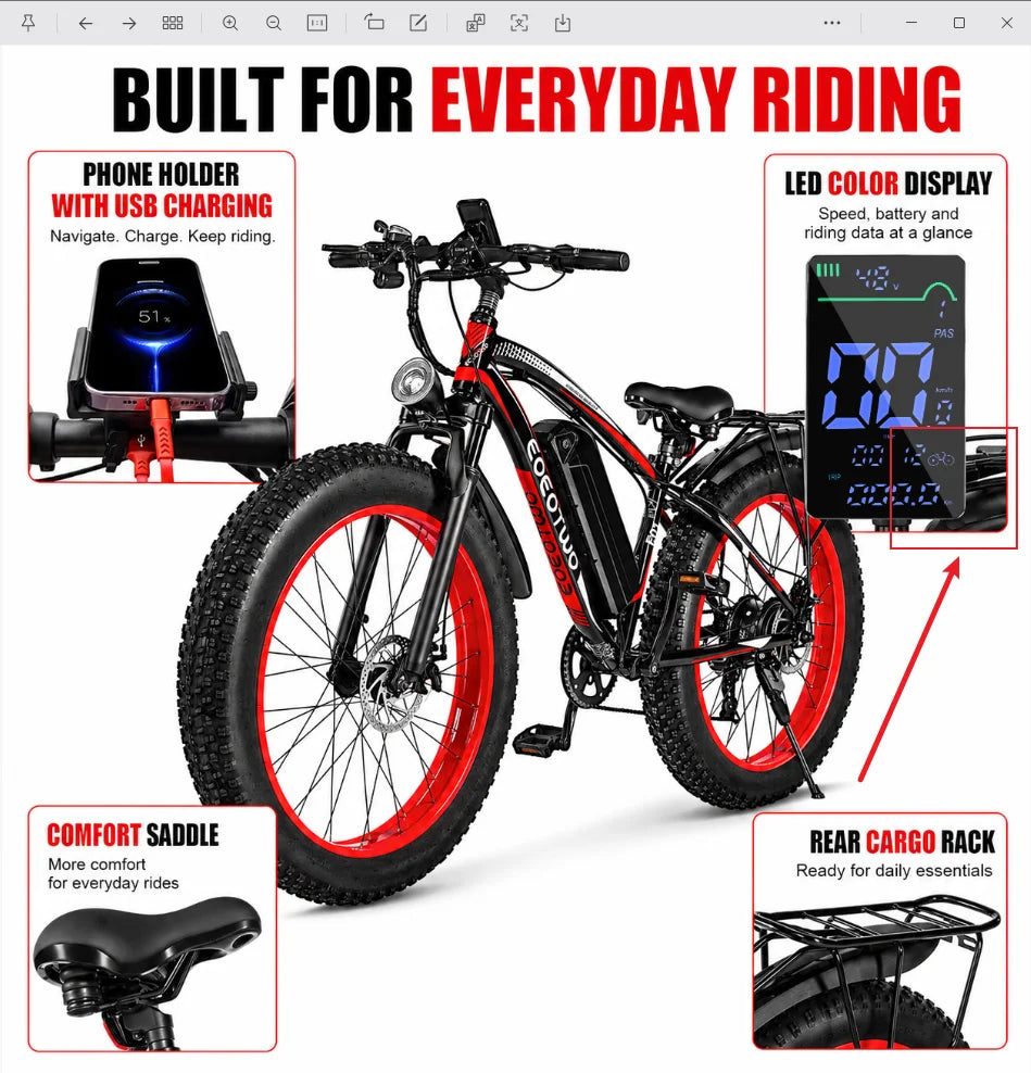 EOEOTWO Adult Electric Bike 48V Removable Battery Aluminum Frame