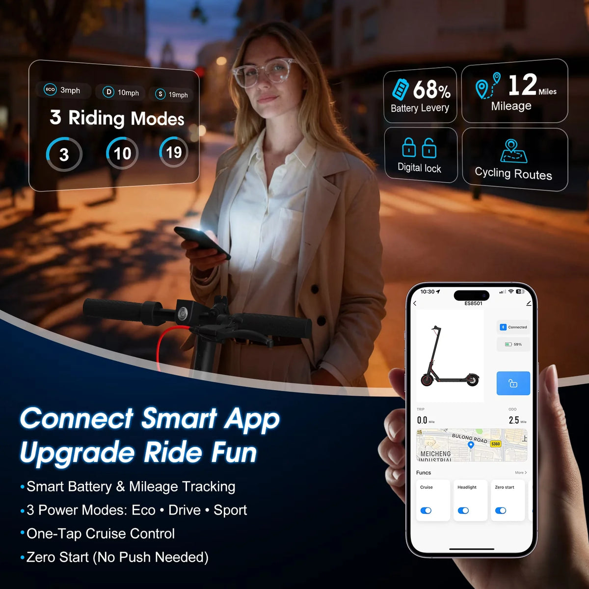 OBX Foldable Electric Scooter With App Control And Solid Tires