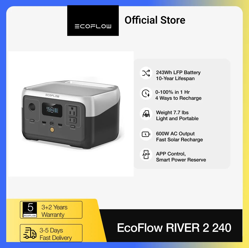 EcoFlow River 2 Portable Power Station 243Wh 600W LiFePO4 Battery