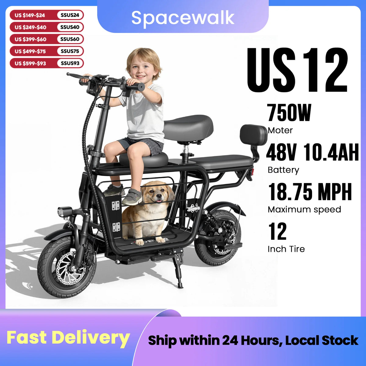 Eilleo Spacewalk Foldable 750W Electric Scooter With Seat Basket