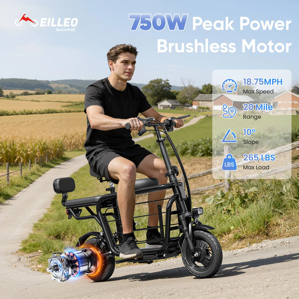 Eilleo Spacewalk Foldable 750W Electric Scooter With Seat Basket