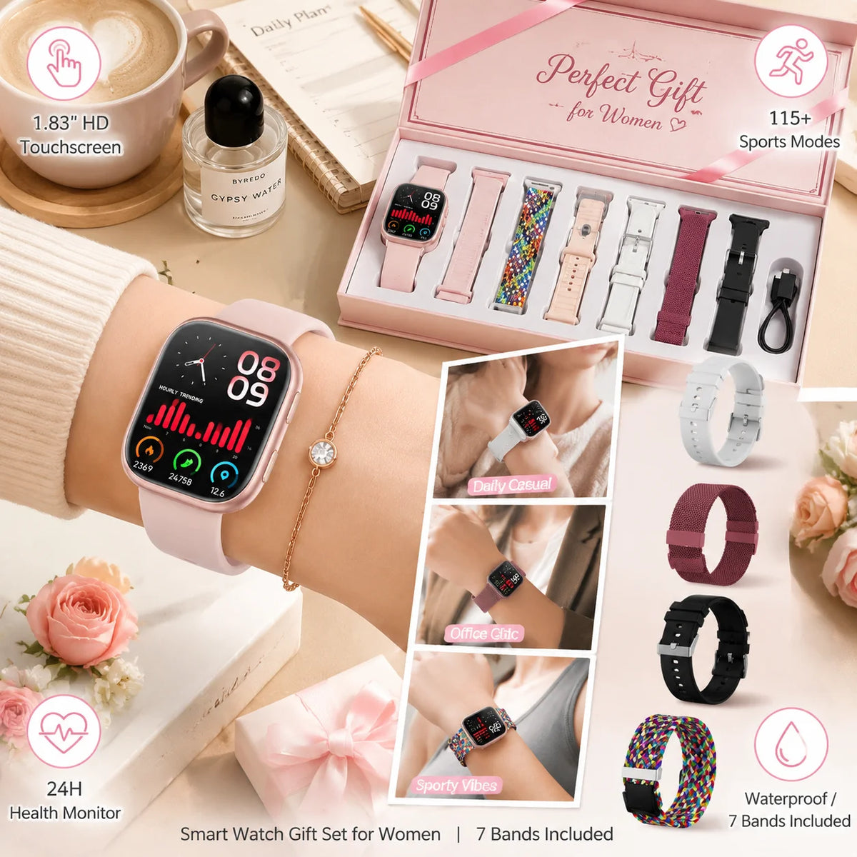 Women Smart Watch Fitness Tracker Heart Rate Monitor IP67 Waterproof