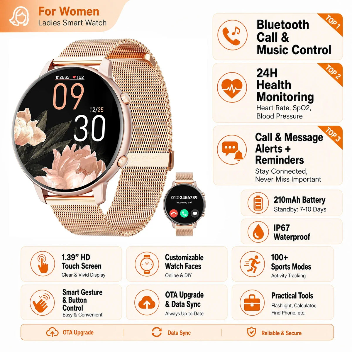 Women Bluetooth Call Smart Watch IP67 Waterproof Fitness Tracker